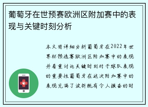 葡萄牙在世预赛欧洲区附加赛中的表现与关键时刻分析